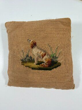 Vintage Needlepoint Hunting Dog Irish Setter Throw Pillow 8x8" Green Satin Back